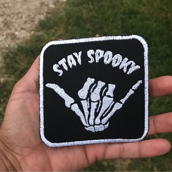 Halloween stay spooky iron on patch | skeleton rock hand patch 3.8 inches - Picture 1 of 1